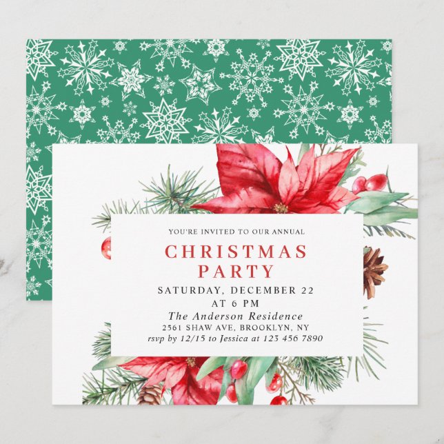 Festive Red Poinsettia Holiday Christmas Party Invitation (Front/Back)