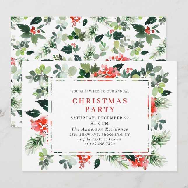 Festive Red Poinsettia Holiday Christmas Party Invitation (Front/Back)