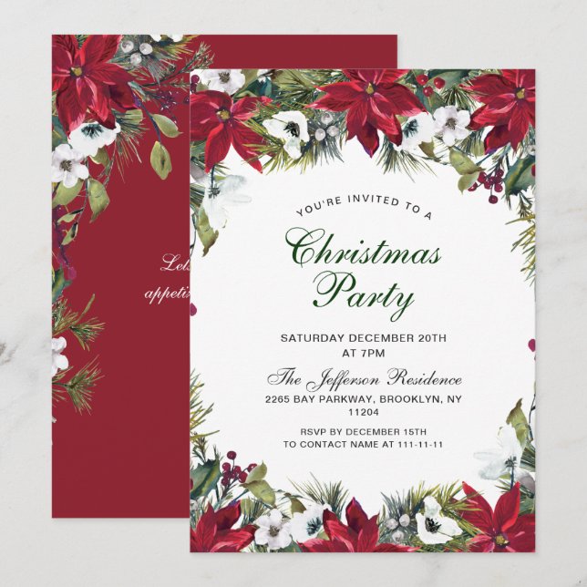 Festive Red Poinsettia Holiday Christmas Party Invitation (Front/Back)