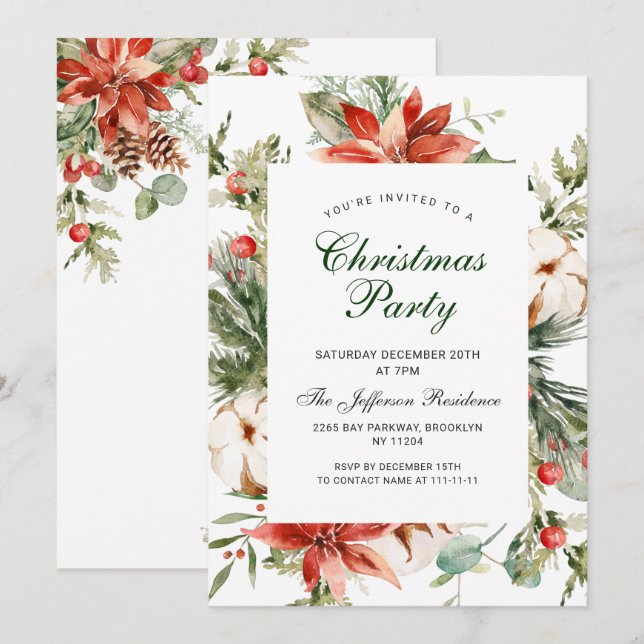 Festive Red Poinsettia Holiday Christmas Party Invitation (Front/Back)