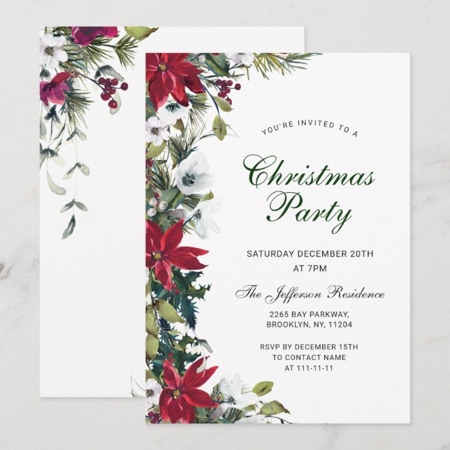 Festive Red Poinsettia Holiday Christmas Party Invitation (Front/Back)