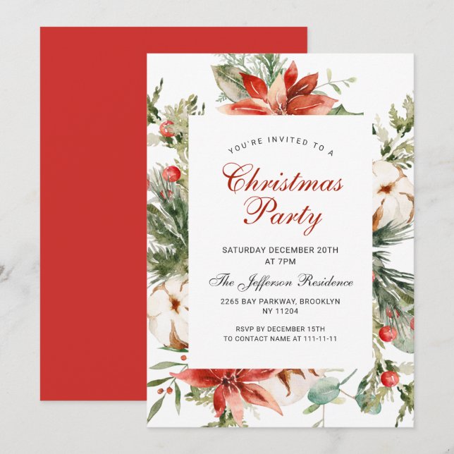 Festive Red Poinsettia Holiday Christmas Party Invitation (Front/Back)