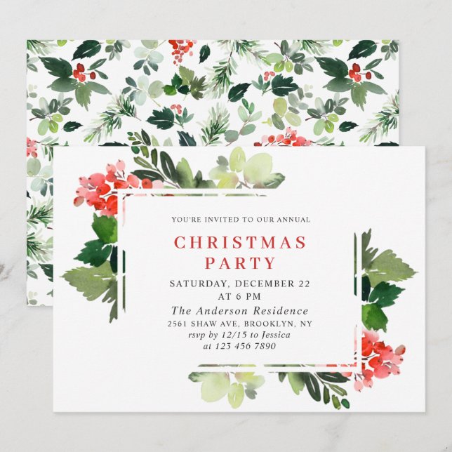 Festive Red Poinsettia Holiday Christmas Party Invitation (Front/Back)