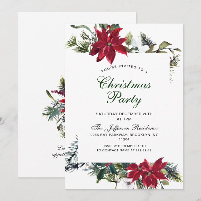 Festive Red Poinsettia Holiday Christmas Party Invitation (Front/Back)