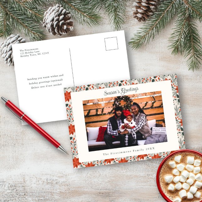 Festive Red Poinsettia Holiday Photo Postcard (Poinsettia Season Photo Christmas Postcard white)