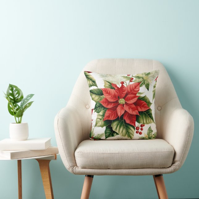 Festive Red Poinsettia Holly Berries Christmas Cushion (Chair)
