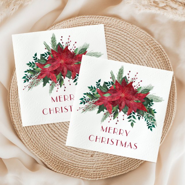 Festive Red Poinsettia Merry Christmas Napkin (Festive Red Poinsettia Merry Christmas Napkins)