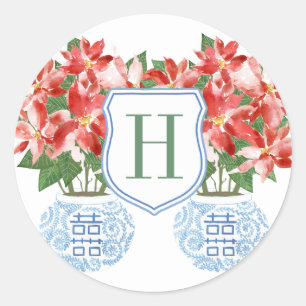 Festive Red Poinsettia Monogram Christmas Holidays Classic Round Sticker