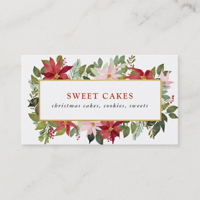 Festive Red Poinsettia Watercolor Christmas  Business Card (Front)