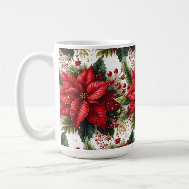 Festive Red Poinsettia with Gold Christmas Mug (Left)