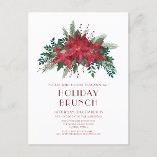 Festive Red Poinsettias Holiday Brunch Invitation Postcard
