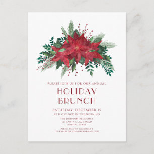 Festive Red Poinsettias Holiday Brunch Invitation Postcard