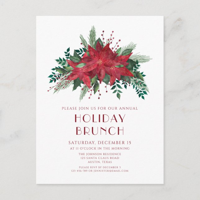 Festive Red Poinsettias Holiday Brunch Invitation Postcard (Front)