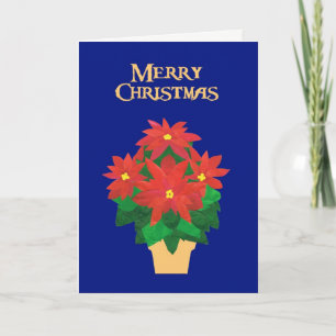 Festive Red Poinsettias on Blue Merry Christmas Holiday Card