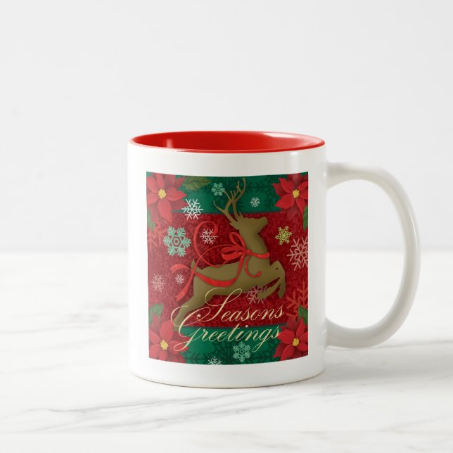 Festive Red Reindeer Holiday Mug,Seasons Greetings Two-Tone Coffee Mug (Right)