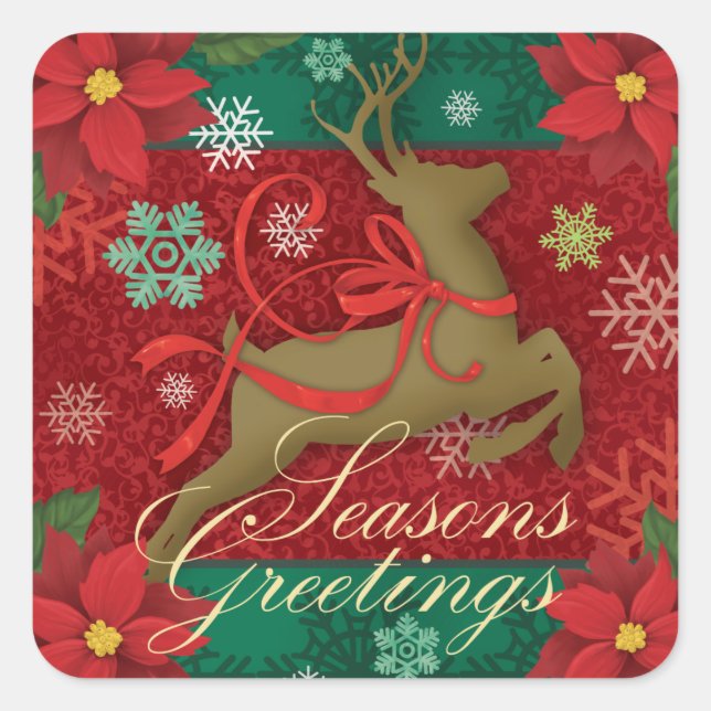 Festive Red Reindeer Stickers,Seasons Greetings Square Sticker (Front)