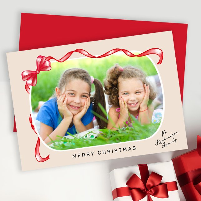 Festive Red Ribbon and Bow Curved Photo Christmas Holiday Card (Creator Uploaded)