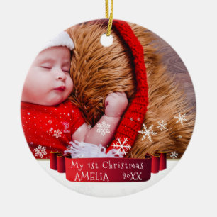 Festive Red Ribbon Baby`s First Christmas Photo Ceramic Tree Decoration