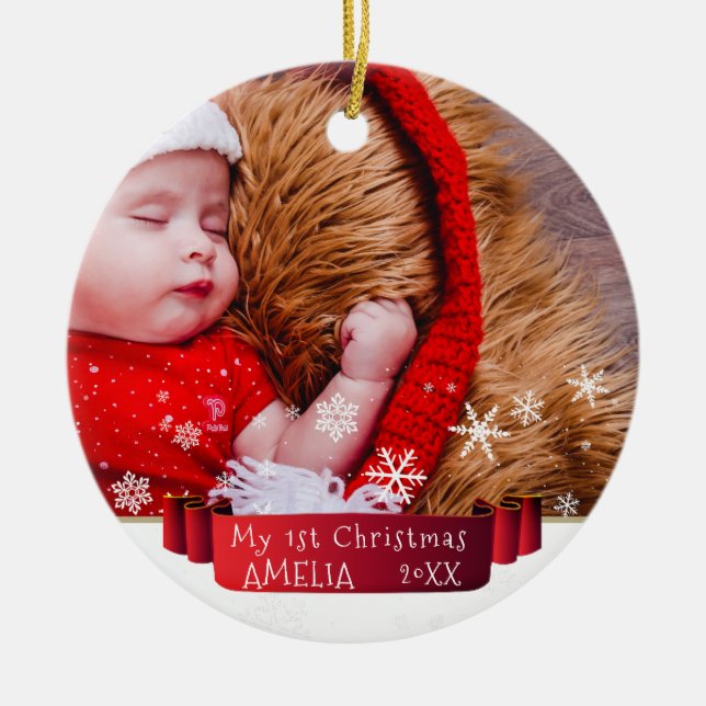 Festive Red Ribbon Baby`s First Christmas Photo Ceramic Tree Decoration (Front)