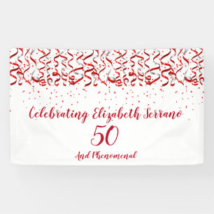 Festive Red Ribbon & Confetti 50th Birthday Party Banner