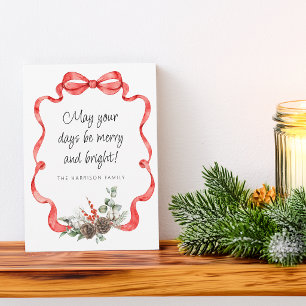 Festive Red Ribbon Greenery Flat Holiday Card