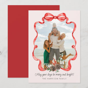 Festive Red Ribbon Greenery Photo Flat Pink Holiday Card
