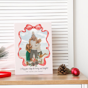 Festive Red Ribbon Greenery Photo Flat Pink Holiday Card