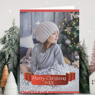 Festive Red Ribbon Merry Christmas Photo Holiday Card