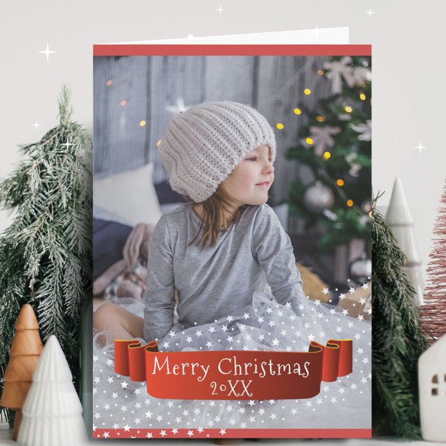 Festive Red Ribbon Merry Christmas Photo Holiday Card (Creator Uploaded)
