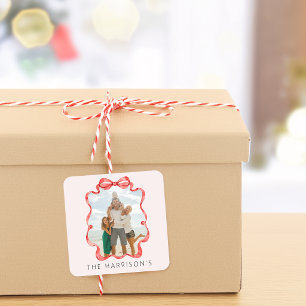 Festive Red Ribbon Photo Pink Square Sticker