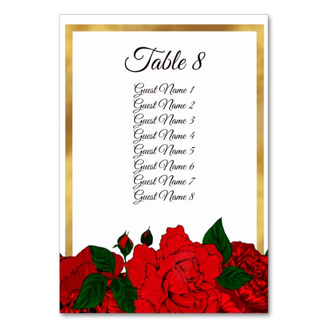 Festive Red Rose Gold Frame Wedding Seating Card (Front)