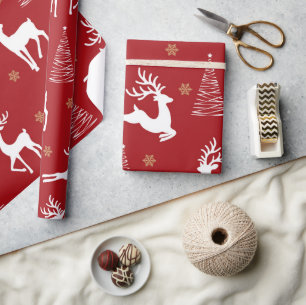 Festive Red Rustic Reindeer Christmas Tree Holiday Wrapping Paper