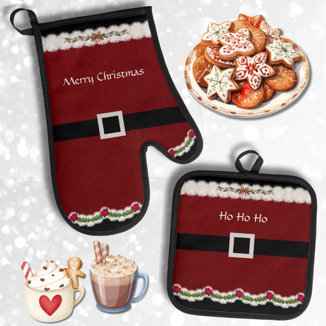 Festive Red Santa Belt Christmas  Oven Mitt & Pot Holder Set (The perfect kitchen accessories for a cozy and fun Christmas baking season!)