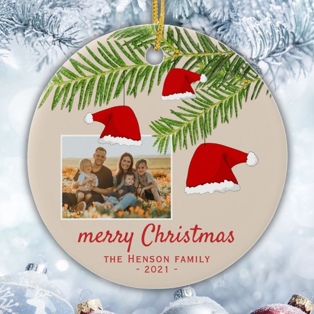 Festive Red Santa Hat Pine Merry Christmas Photo Ceramic Tree Decoration (Creator Uploaded)