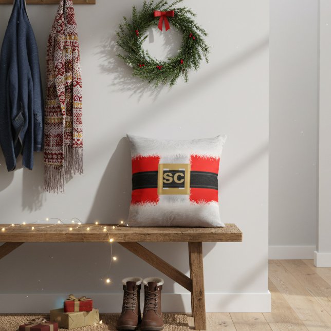 Festive Red Santa Suit Monogram Christmas Pillow (Greet guests with holiday spirit! Our Santa monogram pillow makes your entryway extra welcoming)