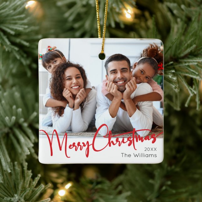 Festive Red Script Merry Christmas Ceramic Ornament (Tree)