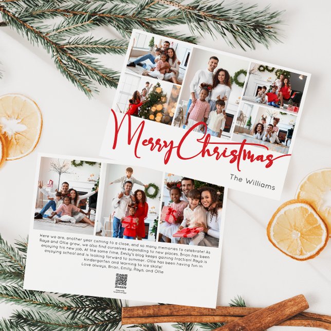 Festive Red Script Merry Christmas Eight Photo Holiday Card (Creator Uploaded)
