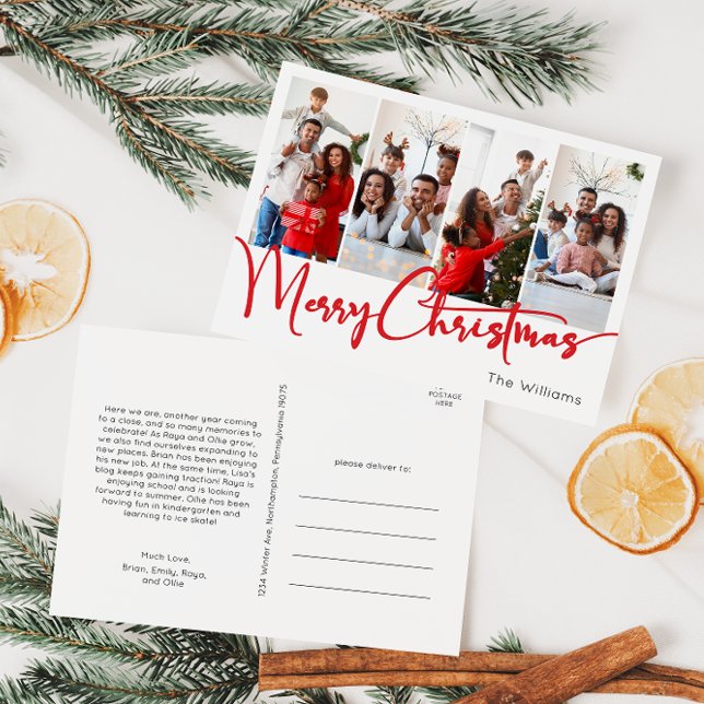 Festive Red Script Merry Christmas Four Photo Holiday Postcard (Creator Uploaded)