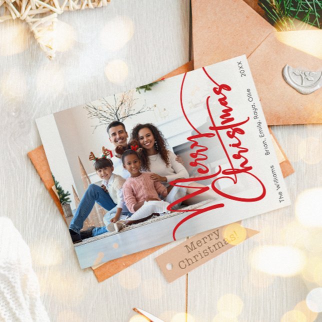 Festive Red Script Merry Christmas Full Photo Holiday Card (Creator Uploaded)