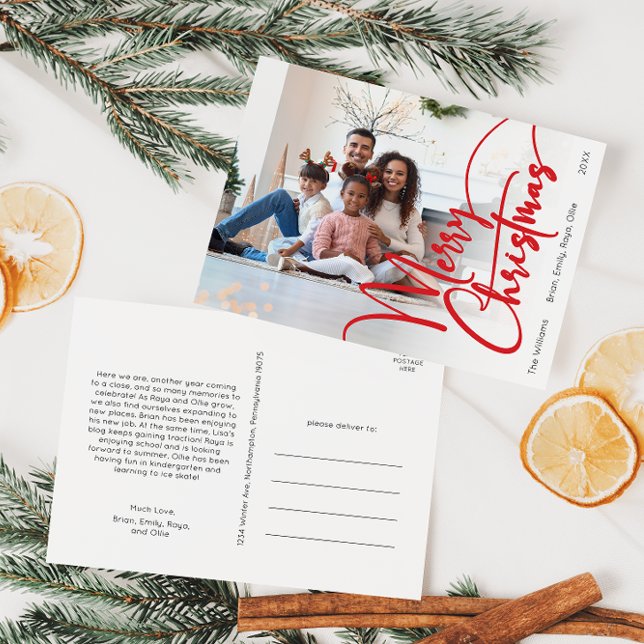 Festive Red Script Merry Christmas Full Photo Holiday Postcard (Creator Uploaded)