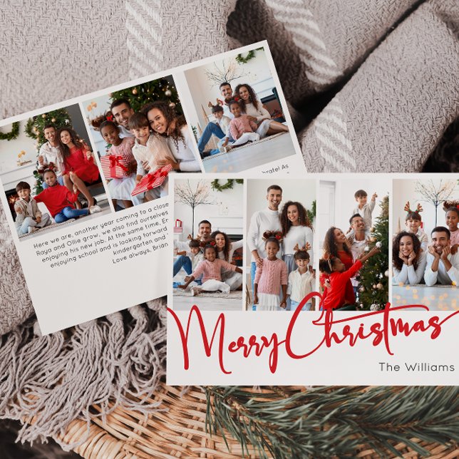 Festive Red Script Merry Christmas Seven Photo Holiday Card (Creator Uploaded)