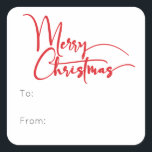 Festive Red Script Merry Christmas To From Square Sticker<br><div class="desc">Celebrate the season with this festive red script Merry Christmas to from square sticker featuring a touch of elegant charm. The chic design showcases a simple red-and-white colour palette, evoking the cosy spirit of winter. Its modern and unique appeal and rustic wording create a perfect balance between seasonal and contemporary....</div>