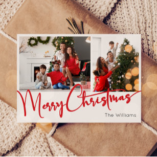 Festive Red Script Merry Christmas Two Photo Holiday Card