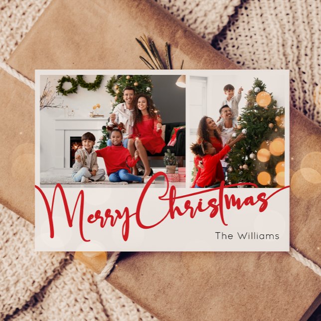 Festive Red Script Merry Christmas Two Photo Holiday Card (Creator Uploaded)