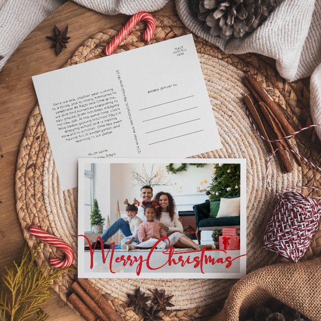 Festive Red Script Merry Christmas Year In Review Holiday Postcard (Creator Uploaded)