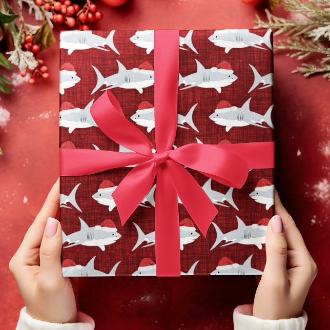 Festive Red Shark Santa Hat Art Wrapping Paper (Shark Santa Red Fabric Look Background Wrapping Paper)