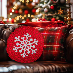 Festive Red Snowflake Decorative Accent  Round Cushion
