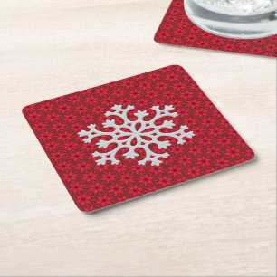 Festive Red Snowflake Decorative Accent Square Paper Coaster