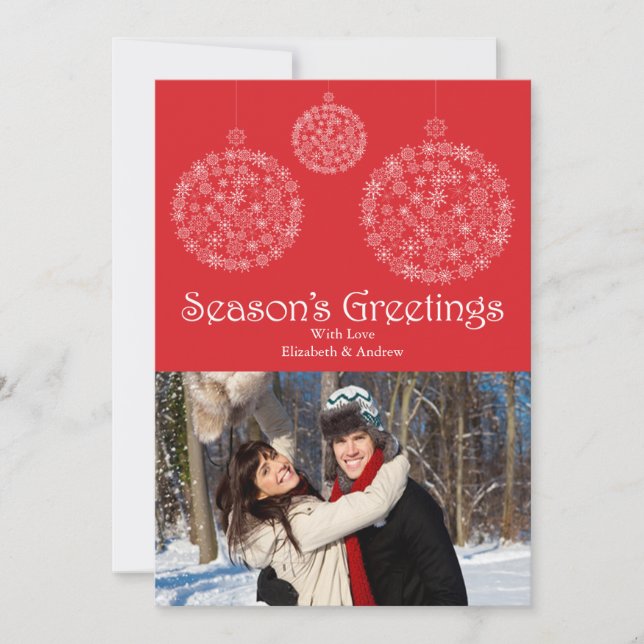 Festive Red Snowflake Ornament Holiday Photo Card (Front)