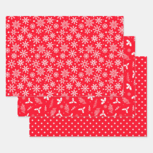 Festive Red Snowflakes Holly and Berries  Wrapping Paper Sheet